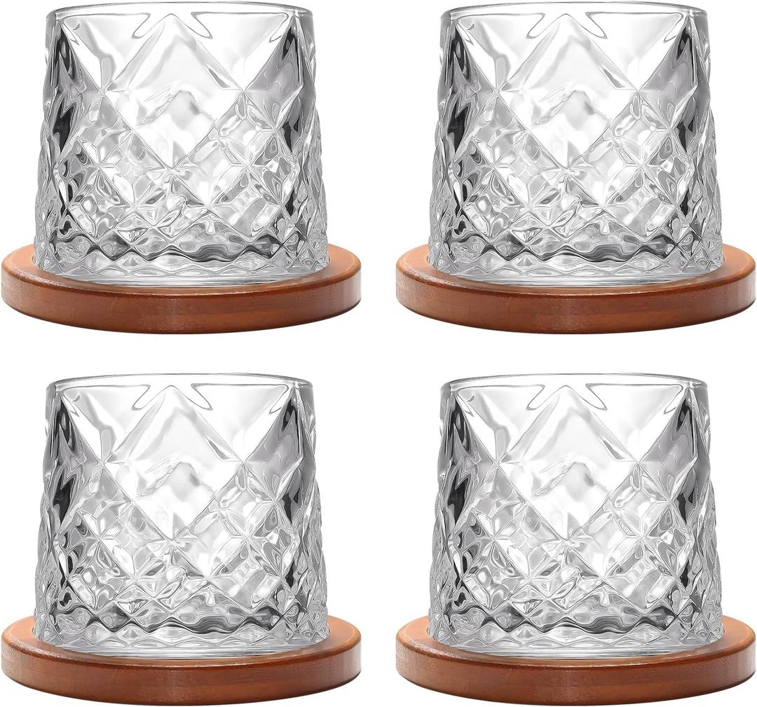 Rotatable Old Fashioned Glass, 275ml/10oz Crystal Whiskey Glass Set of 4, Wood Coaster, Thickening, Used as Rum Glass, Cocktail Cup, Coffee Cup, Milk Cup to Relax and Reduce Stress, Christmas gifts (Clear Diamond Style)