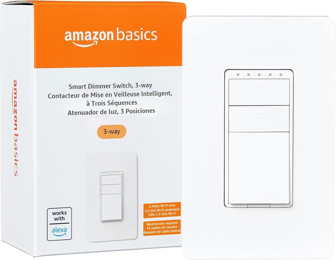 Amazon Basics Smart Dimmer Switch, 3-Way, Works with Alexa Only, Voice Control, Wi-Fi Light Switch, Schedule, 2.4 GHz Wi-Fi, No Hub Required, White