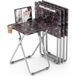 Folding TV Tray Table with Cup Holder, TV Dinner Table with Sturdy MDF Top, Eating Trays with Tablet Slot for Living Room, Bedroom, Sofa (Black Marble, 4Pcs)