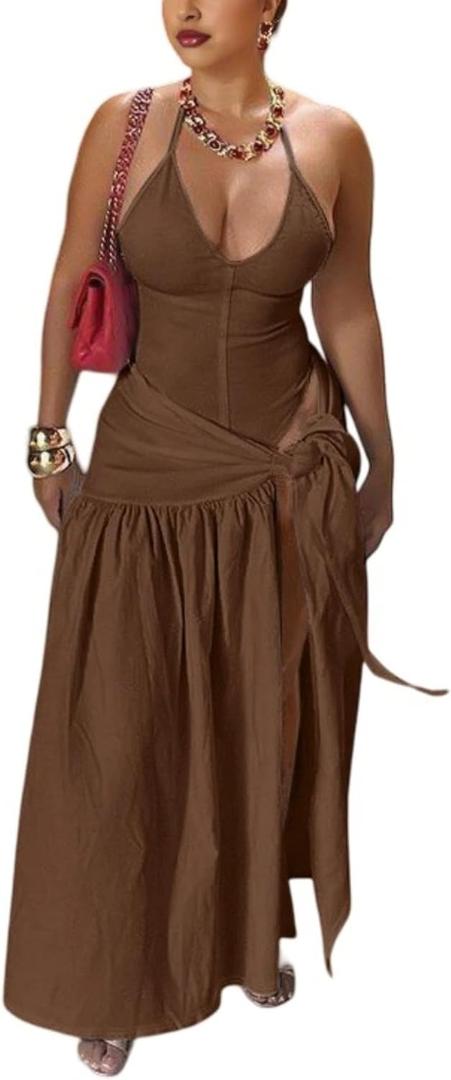 Two Piece Skirt Set Women Sexy Halter Backless Bodysuit and Wrap Tied High Split Summer Maxi Skirt Set (Brown), XL