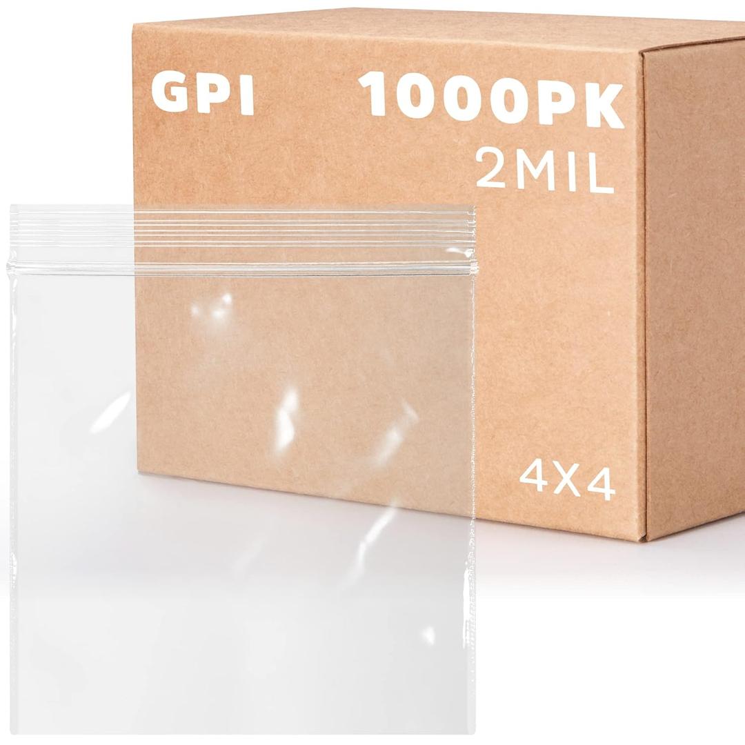 Clear Plastic Reclosable Zip Bags - Bulk GPI Case of 1000 4" X 4" 2 Mil Thick Strong & Durable Poly Baggies with Resealable Zip Top Lock for Travel, Storage, Packaging & Shipping.