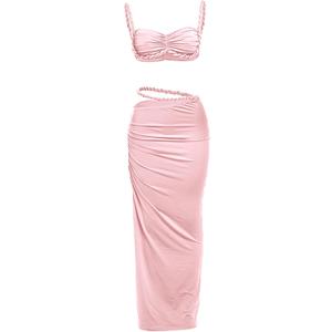 Women's Two Piece Skirt Sets Summer Beach Sexy Ruched Backless Cami Top And Cut Out Skirt Night Out Dress (Pink)