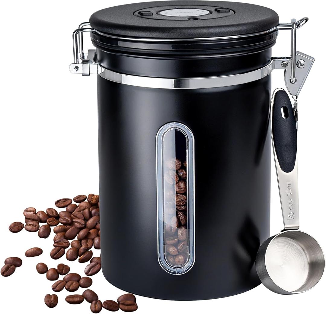 22oz Black Airtight Coffee Canister with Window  Stainless Steel Food Storage Jar with Date Tracker, BPA-Free Silicone Seal & Scoop  For Coffee Beans, Grounds, Tea, Oats, Nuts