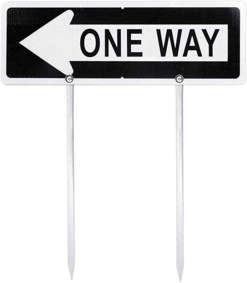 Kichwit One Way Metal Sign with Left Arrow, 17.7" x 5.9", Reflective Aluminum, Metal Stakes Included, Rust Free, Weather Resistant, for Outdoor Use