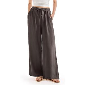 SUUKSESS Women Wide Leg Linen Pants with Pocket High Waisted Lounge Palazzo Pant (Medium, Brown)