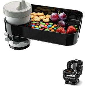Car Seat Snack Tray for Toddlers, Reduces Mess Square Travel Tray Cup Holder Snack Tray, Durable Car Food Tray for Kids, Universal Fit Kids Travel Road Trip Essentials (Black)