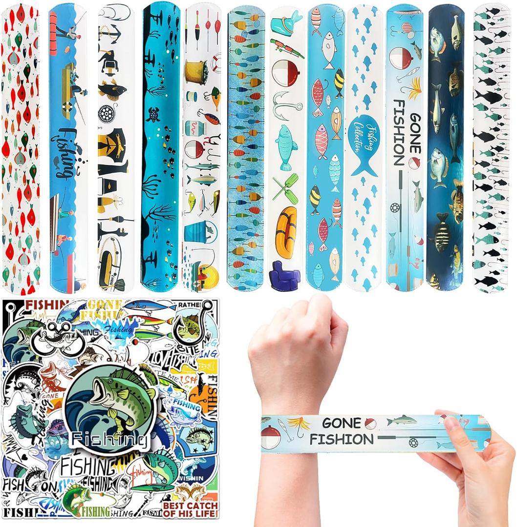 CZWXOXO 74 Pcs Fishing Theme Party Favors 24 Pcs Fishing Theme Slap Bracelets 50 Pcs Fishing Theme Stickers Fishing Theme Birthday Party Decorations Classroom Rewards Supplies