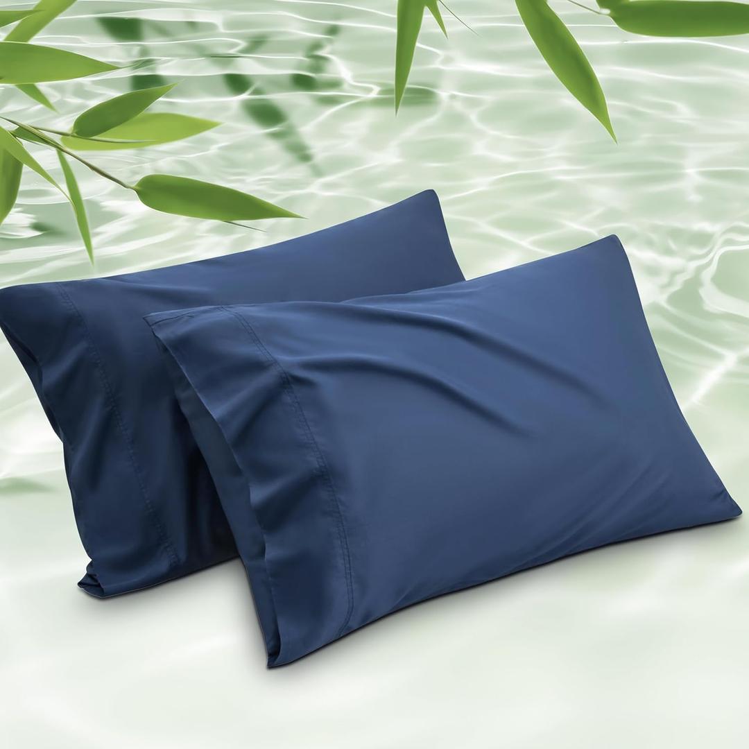 Bedsure Pillow Cases Queen, Cooling Pillow Cases, Rayon Derived from Bamboo Queen Pillowcases Set of 2, PureWoven Silky Soft Bedding Pillow Covers with Envelope Closure, Navy Blue, 20x30 Inches