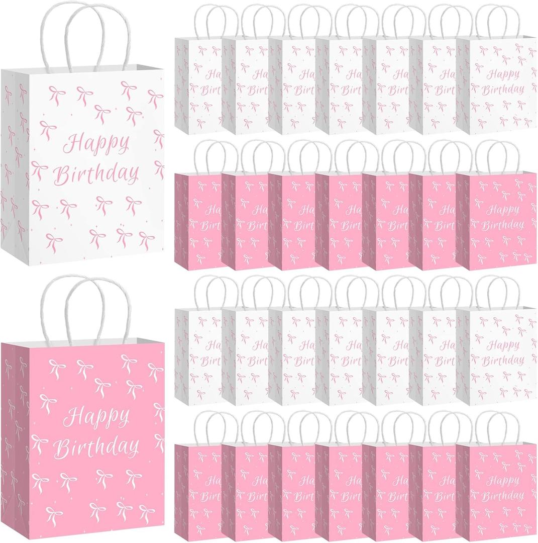 Kolldenn 30 Pack Pink Bow Birthday Party Paper Bags with Handles Kraft Gift Wrap Bags for Coquette Bow Party Favors Grocery Goody Snacks Decoration Supplies