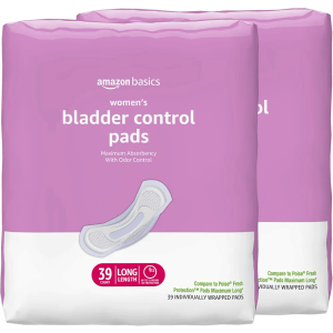 Amazon Basics Incontinence Pads for Women, Postpartum, Long, Maximum Absorbency, Bladder Control, Unscented, 78 Count (2 Packs of 39)