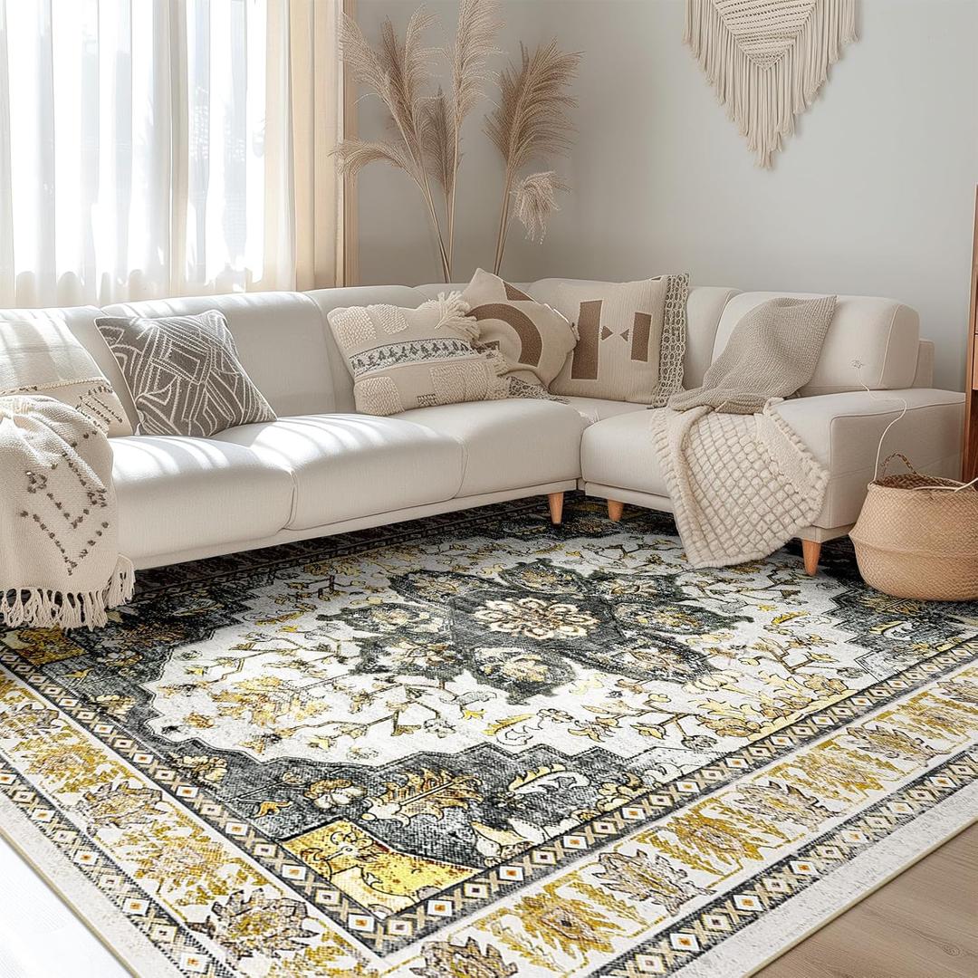 BESTSWEETIE 8x10 Area Rug Washable Rugs for Living Room, No Pile Boho Carpet for Entryway Bedroom Dinning Room, Vintage Carpet Print Distressed Non-Slip, 8 x 10 ft, Grey Brown