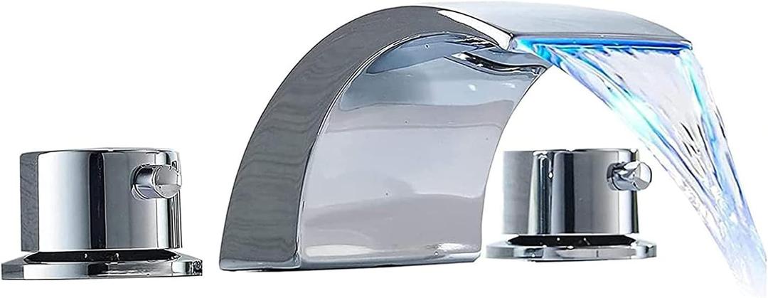 Waterfall Bathroom Faucet Chrome Widespread Two Handle 3 Hole 8 Inch Led Light Vanity Sink Bath Tub Restroom Faucets Parts Lavatory Mixer Tap Water Hoses Spout Commercial