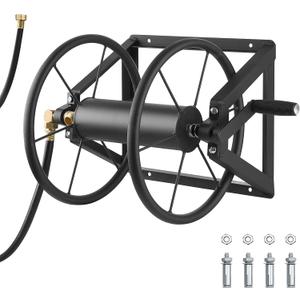 VEVOR Wall Mounted Garden Hose Reel, Holds 200 ft 5/8-inch Manual Water Hose Winder, Heavy-Duty Steel, Outdoor Reel with Brass Fitting & 5ft Leader Hose, Space Saving, for Yard Lawn Garage (Black)