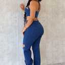 Denim 2 Piece Outfit for Women Sleeveless Cropped Tank Top Bodycon Pants Set Sexy Jean Hollow Out Party Club Tracksuit (Blue, M)