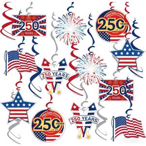 12Pcs 4th of July Hanging Ornaments Independence Day Party Supplies 250 Anniversary Star America Flag Design Tree Ornaments Hanging Swirls Set for Fourth of July Decor with Ropes