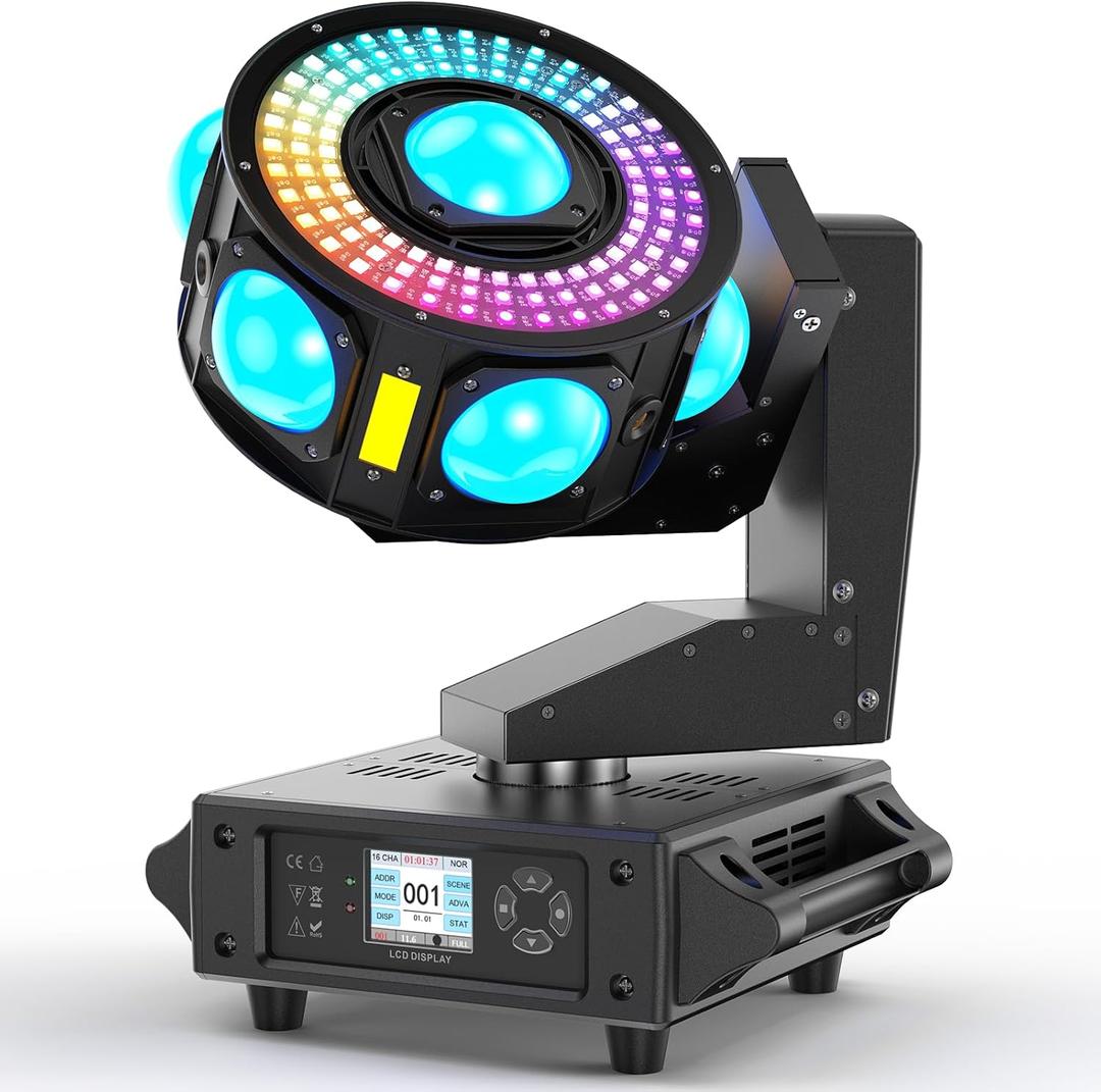 DJ Moving Head Light,XYZ 3-Axis Infinite Rotating 7 LED Beams Stage Lighting with 108x0.2W Colorful Circle,Starry,Amber Strobe Effect,Sound Activate DMX512 19/25CH for Disco Party Wedding Live House (Black)
