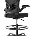 Alolo Drafting Chair,Big and Tall Office Chair with Footrest Ring,Ergonomic Chair for Counter Height and Standing Desk Comfy with Lumbar Support and Flip-up Armrests in Heavy Rolling Base, Black and White