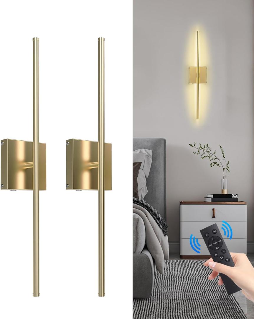 Battery Operated Wall Sconce with Remote Control, Wall Sconces Set of Two,3000K-6500K LED Wireless Wall Light for Bedroom, Hallway, Living Room, 350Rotate,26.6 Inch, Gold(2 Pack)