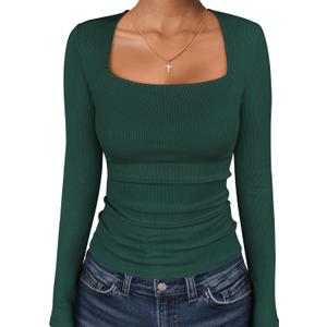 ANRABESS Long Sleeve Shirts for Women Square Neck Tops Ribbed Knit Slim Fit Basic Tee Going Out Fall Fashion Clothing (X-Large, Deep Green)