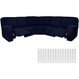 Peryiter 7 Pcs L Shape Sectional Recliner Sofa Covers 5 Seat Sectional Couch Covers Milk Silk Velvet Stretch Reclining Sofa Slipcover Furniture Protector for Living Room(Navy Blue,Milk Silk)
