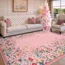 Wonnitar Washable Rug, 5x7 Pink Rugs for Living Room, Floral Print Non-Slip Area Rugs for Bedroom Girls, Soft Large Throw Carpet for Kids Nursery Room (Pink,5'x7')