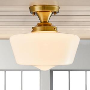 Schoolhouse Light Fixture Modern Gold Ceiling Light,Semi Flush Mount Ceiling Light,12''Wide Opal Milk Glass Shade,Brass Vintage Light for Farmhouse Bedroom Kitchen Hallway Entryway