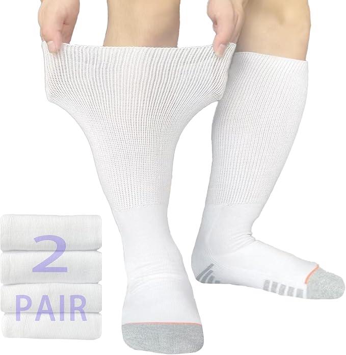 Diabetic Socks Extra Width Non Binding 2 Pairs Bariatric Sock Neuropathy Hospital Swollen Socks Men Women (One Size, White-2pairs)