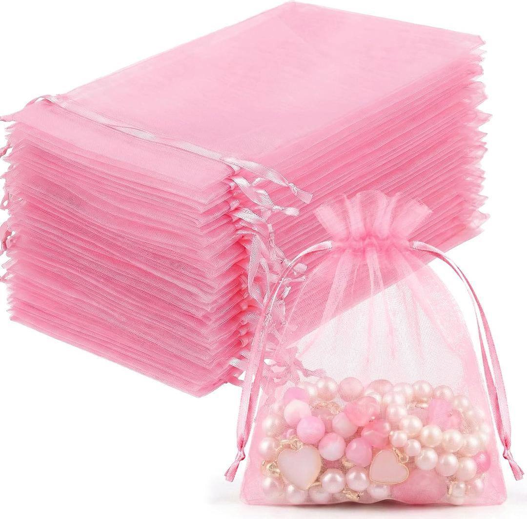 FUNFERY 100 Pcs Pink Organza Bags 3x4 in, Small Mesh Drawstring Gift Bags for Sachet, Jewelry, Candy, Wedding Favor, Easter Day