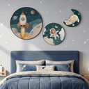 Framed Space Circle Wall Art for Kids Bedroom, Cute Canvas Prints Set of 3, 24"W x 24"H + 16"W x 16"H + 12"W x 12"H