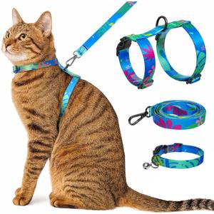Cat Harness and Leash Set with Matching Collar  Escape Proof Harness for Cats, Adjustable & Lightweight, Tropical Hawaiian Leaf Print, Easy Wear for Outdoor Walking & Training