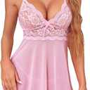 Avidlove Womens Lingerie Lace Babydoll Mesh Chemise Sexy V Neck Sleepwear Teddy Dress Pink XL