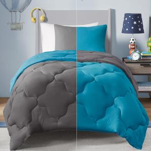 Comfort Spaces Vixie Reversible Comforter Set - Trendy Casual Geometric Quilted Cover, All Season Down Alternative Cozy Bedding, Matching Sham, Teal/Charcoal, Twin/Twin XL 2 piece (Teal/Dark Grey)