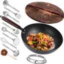 12.8" Carbon Steel Wok-11Pcs Woks & Stir Fry Pans Wok Pan with Lid, No Chemical Coated Chinese Wok with 10 Cookware Accessories, Flat Bottom Wok for Electric, Induction,Gas Stoves