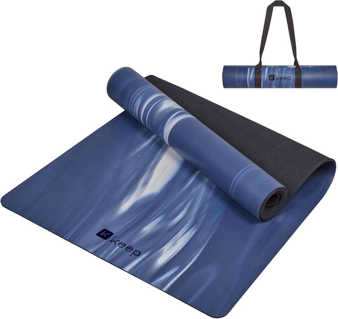 KEEP Professional Yoga Mat with Strap for Men and Women, 5mm Heavy High-Density Natural Rubber Mat for Premium Material Superior Grip, Non-Slip, Eco-Friendly 72"x26" Exercise Mat (Print Blue)