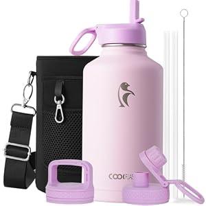 Coolflask Half Gallon Water Bottle Insulated with Straw & 3 Lids, 64 oz Water Jug Large Metal Stainless Steel Wide Mouth for Sports, Gym or Office, Non-BPA Keep Cold 48H Hot 24H, Pink