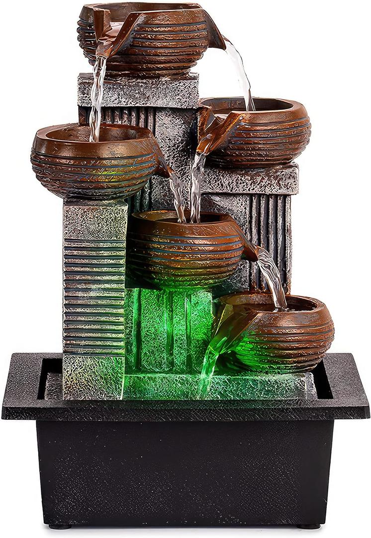Father'sDen Collection Indoor Fountains and Waterfalls from 5-Tiered Pots-12H Tabletop Water Fountain-Desk Fountain-Office Decor with Audible Calming Waterfall Sounds-Zen Fountain with Color Lights