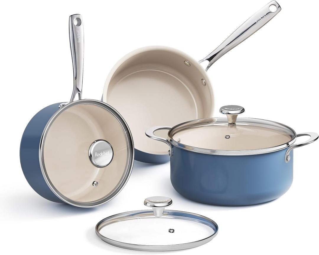 Redchef Ceramic Stock Pots Set 5QT, Sauce Pan with Lids(2.5QT/3.5QT), Induction Cooking Pot Set,Ceramic Pots with Stay Cool Handle, Nonstick Cookware Set, PTFE/PFASFree, Dishwasher/Oven Safe (Blue), 6pc Set