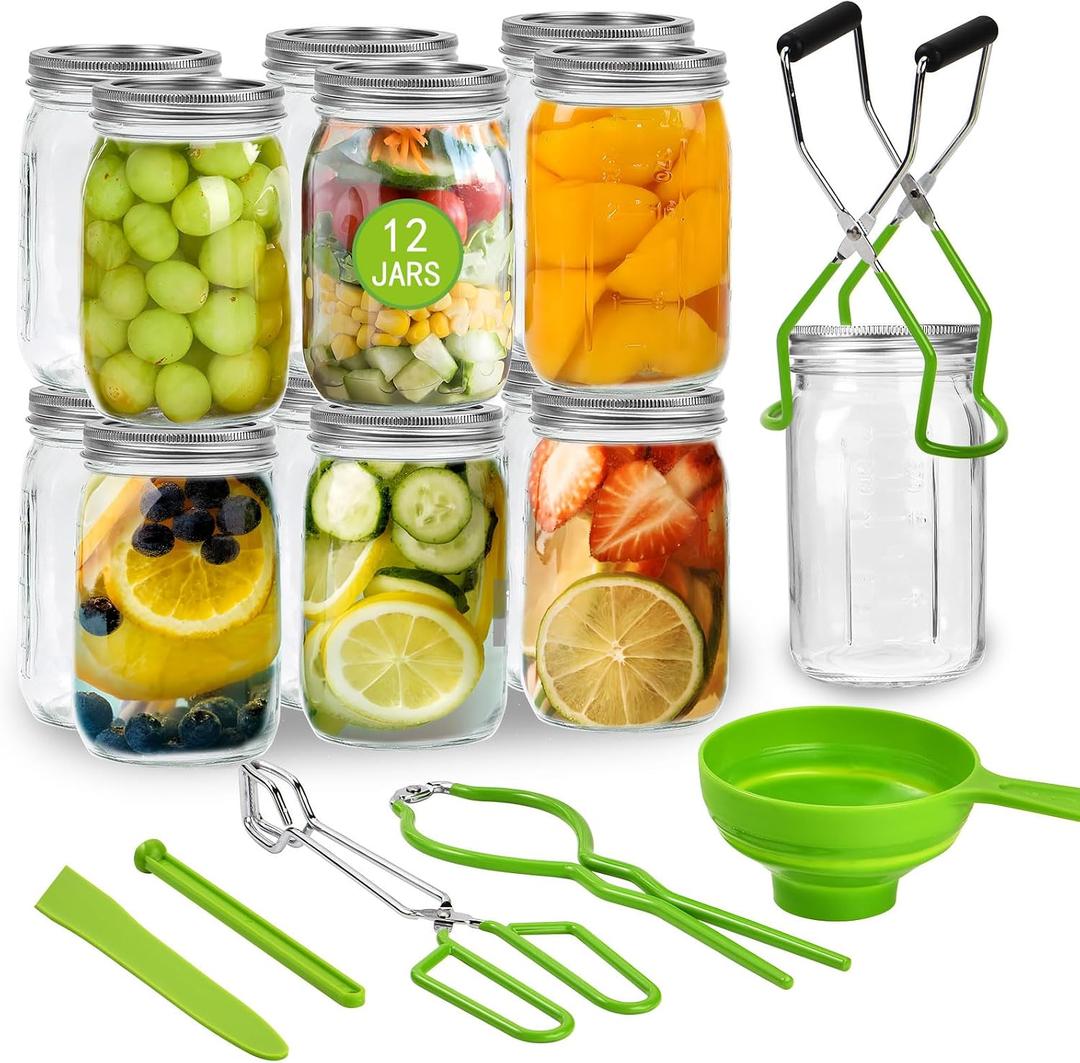 12-Pack Mason Jars 32 oz with Canning Supplies Starter Kit, Wide Mouth Pint Glass Jars with Lids, Jar Lifter Tongs,Funnel,6 in 1 Canner Tools Set for Canning, Pickling (32oz Jars with Tools)