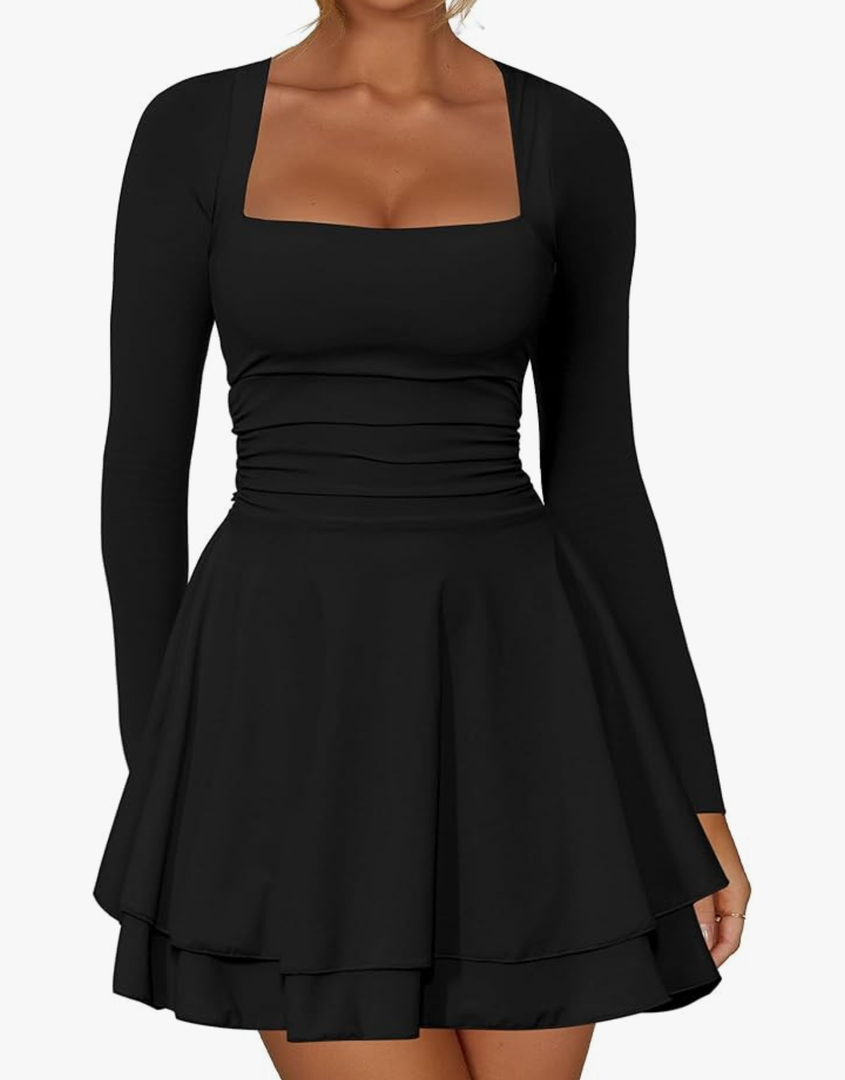 Kaximil Women's Square Neck Ruffle Hem Mini Dress Ruched Waist Long Sleeve Corset Short Party Dresses SMALL