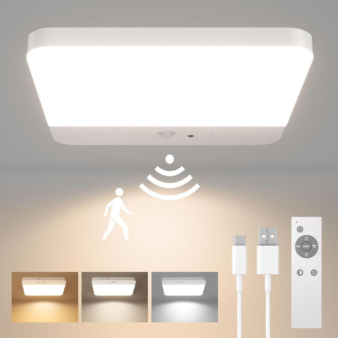 FULEN Motion Sensor Ceiling Light Fixture, Cordless Closet Light Battery Operated, Rechargeable Magnetic Mount LED Shower Light for Bathroom,Stairs,Garage,Hallway,3 Color Temperatures,Remote Control (1 Pack, White)