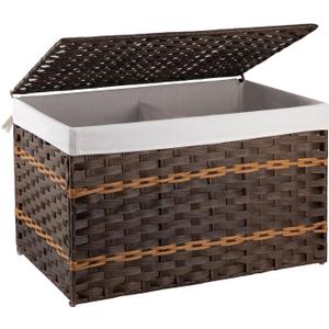 OIAHOMY Storage Basket with Lid, 27.7 Gallon (105L) Blanket Basket with Removable Liner Bag, Synthetic Wicker Hamper with Handle, Hamper for Living Room, Brown