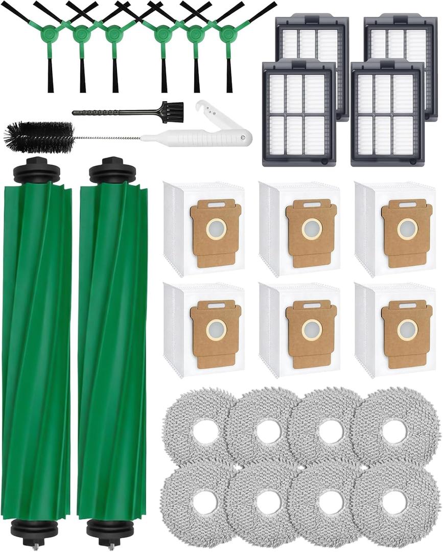 28 Pcs Accessories Set for iRobot Roomba Plus 405/505/507 Combo Robot Vacuum Cleaner: 2 Main Brushes, 6 Side Brushes, 4 HEPA Filters,8 Dust Bags, 6 Mop Pads, 2 Cleaning Brushes
