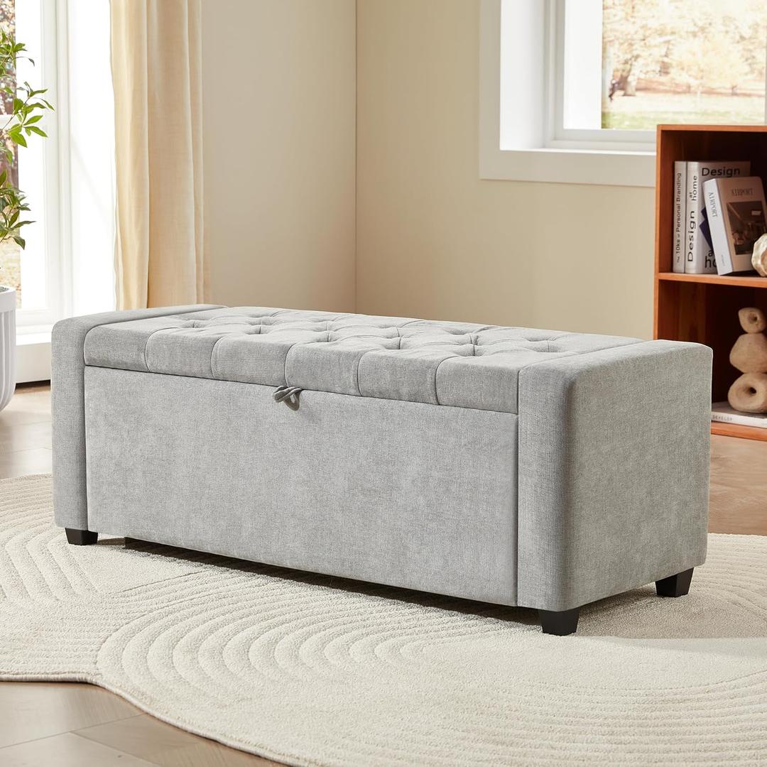 Royal Windsor Ottoman with Storage,Tufted Storage Bench with Safety Hinge,Holds up to 350 lb,Upholstered Bench with Seating for Bedroom, Living Room,Entryway,Linen Light Gray, 15.8"D x 43.3"W x 15.8"H