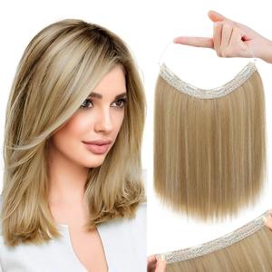 REECHO Invisible Wire Hair Extensions with Thinner Softer Lace Weft 12" Short Straight Clips in Secret Hairpiece for Women 12 Inch (Pack of 1) - Golden Blonde with Highlights (12 Inch (Pack of 1), Golden Blonde with Highlights)