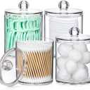 4 Pack Acrylic Qtip Holder Dispenser for Cotton Swabs, Balls, Pads, Floss Picks- Small Clear Plastic Canister Apothecary Jar Set, Bathroom Essentials Accessories Decor, Vanity Makeup Storage Organizer