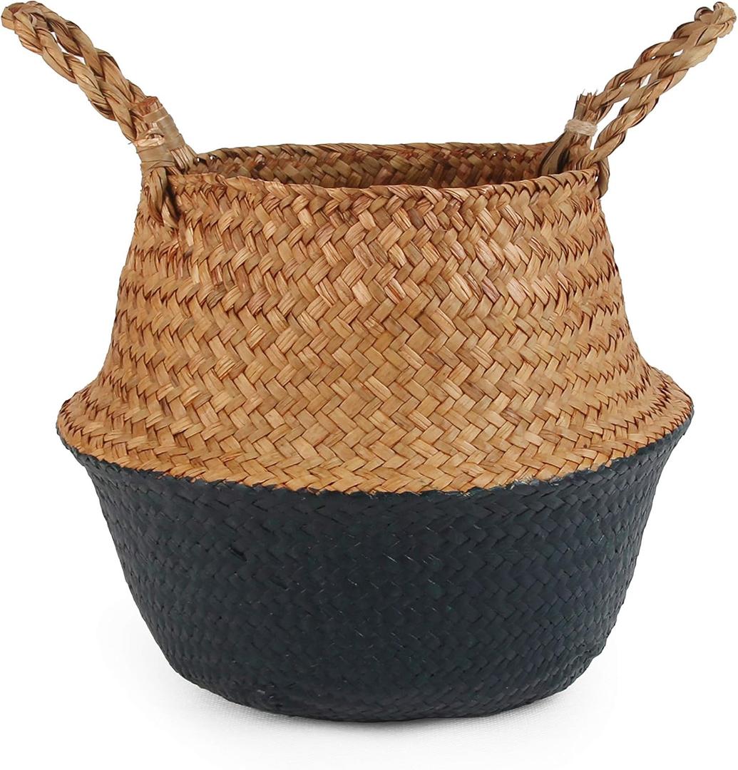 Woven Seagrass Belly Basket for Storage, Laundry, Picnic, Plant Pot Cover, and Grocery and toy storage (Small, Black)