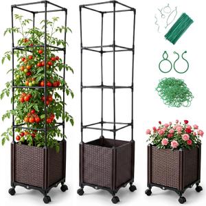 Raised Garden Bed Planter Box with Tomato Cage - Self-Watering Tomato Planters with Trellis for Climbing Plants Outdoor - Vertical Gardening Tomatoes Pot with Trellis Wheels for Vegetable Vine