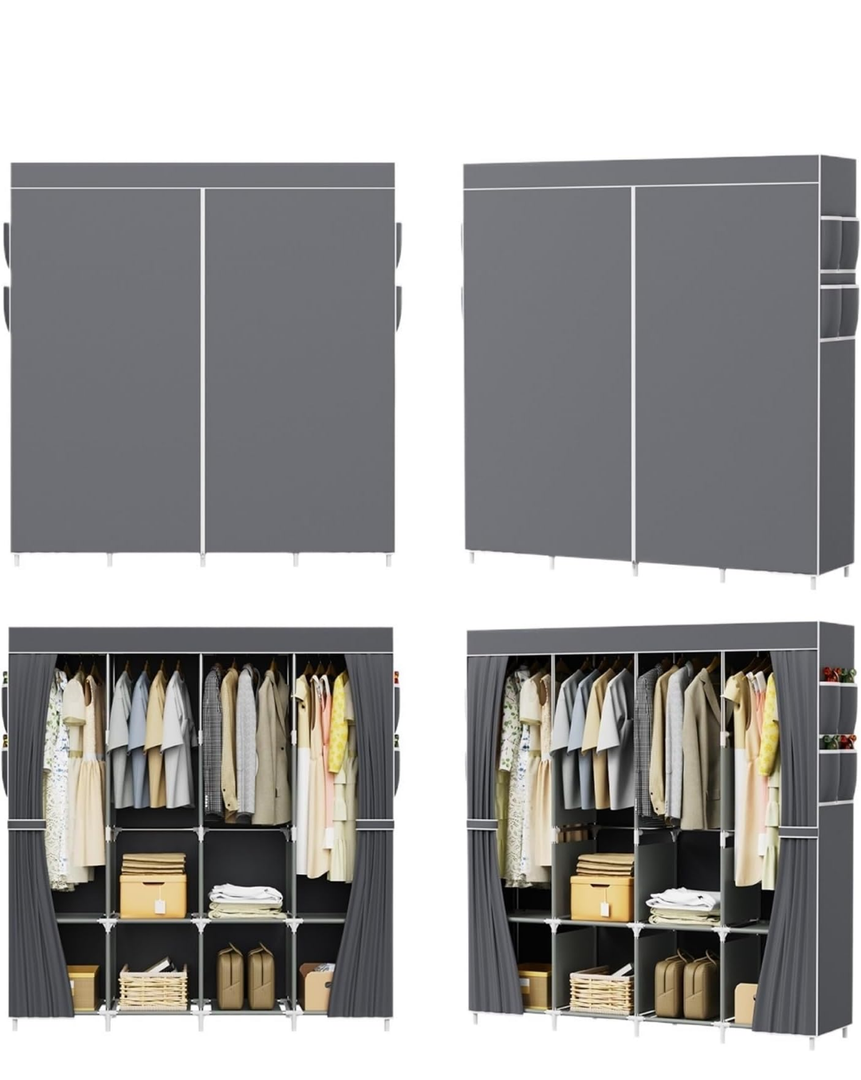 Canvas Wardrobe Portable Fabric Canvas Wardrobe Clothes Storage Hanging Rail Shelving Cupboard Ample Space (Dark Gray)