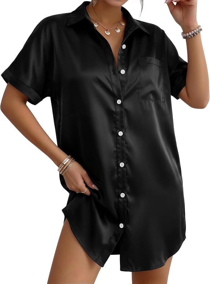 MANGOPOP Womens Swimsuit Coverup Satin Blouses Silk Button Down Shirts Casual Coverups Bathing Suits Vacation Outfits, XL