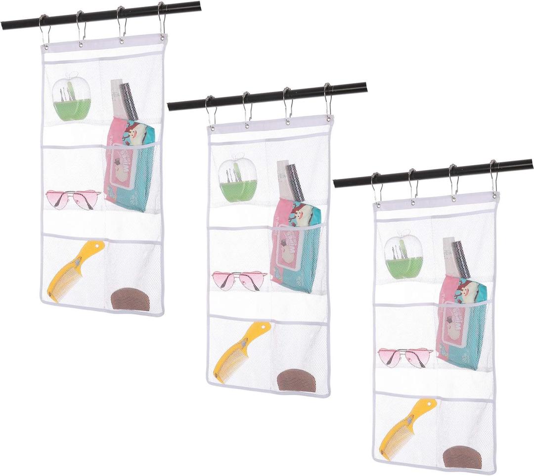 3 Pack Bathroom Organizer Lightweight Mesh Hanging Shampoo Holder Shower Liner Storage Bath Toys, Ideal Shower Caddy for Home, Dorms, Cruise Travel, Easy To Hang Bag with Rings, White